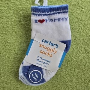 NWT  3-12 Months Baby BOYS 3PK SOCKS  White & Blue - 'I ♥ Mommy' KICK PROOF (Q2)